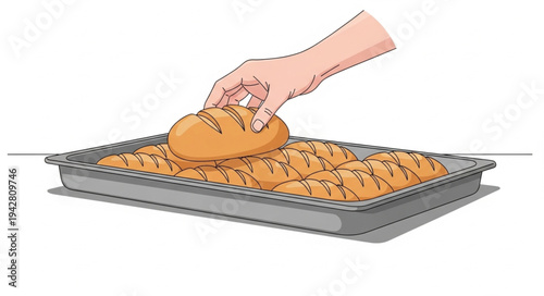 Hand placing bread on baking tray.
