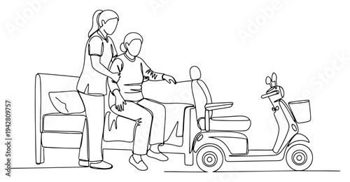 Nurse helping elderly woman to mobility scooter, continuous one line drawing vector, senior care and accessibility concept