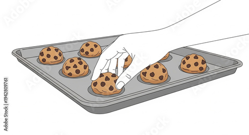 Hand placing chocolate chip cookie on tray.