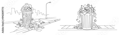 Overfull trash cans on city street with garbage, continuous one line drawing vector, urban pollution and waste management concept