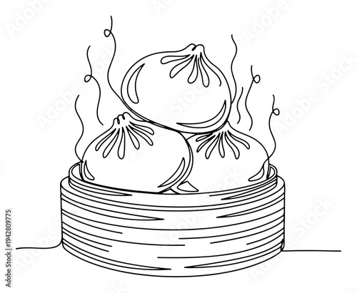 Dim Sum dumplings in bamboo steamer with steam, continuous one line drawing vector illustration, Chinese food and Asian cuisine concept