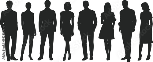 Professional business people silhouettes set including men and women in formal corporate attire standing in various poses isolated on white background for design.