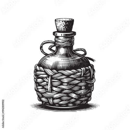 Vintage illustration of a wicker wrapped glass bottle with cork stopper.