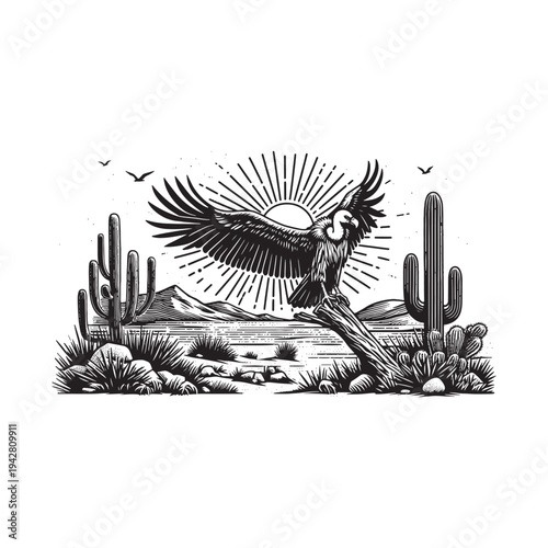 Majestic eagle soars over desert landscape with cacti and rising sun.
