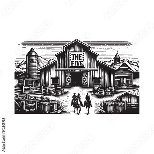 A black and white illustration of two people approaching a barn labeled the five.