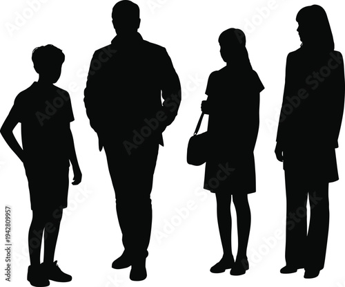 Silhouette of a happy family with two children standing together isolated on white background for concepts of parenting childhood education growth and togetherness