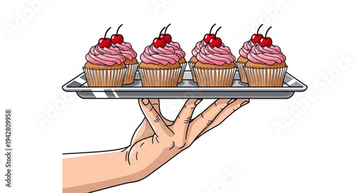 Hand Holding Tray of Cupcakes.