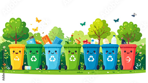 Cute colorful recycling trash bin character vector set with eco-friendly emotions, waste sorting, sustainability icons, and environmental cartoon illustrations