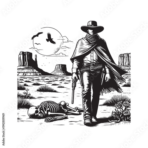 A lone cowboy stands over a skeleton in a desert landscape with a gun in hand.