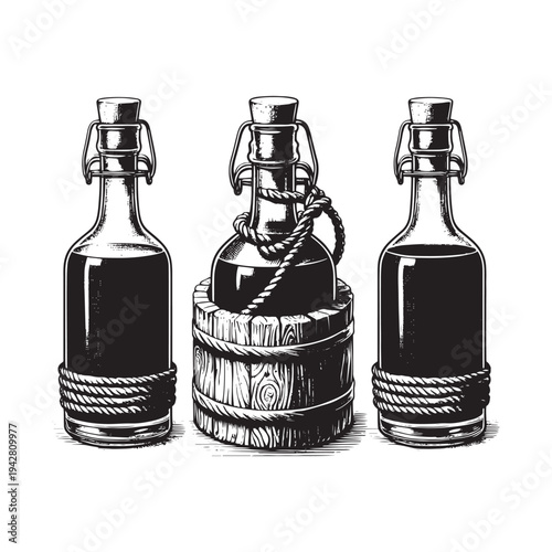 Three old-fashioned glass bottles with rope details and a wooden bucket.