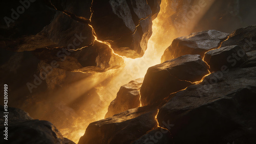 Abstract golden light glowing through cracks on dark stone surface