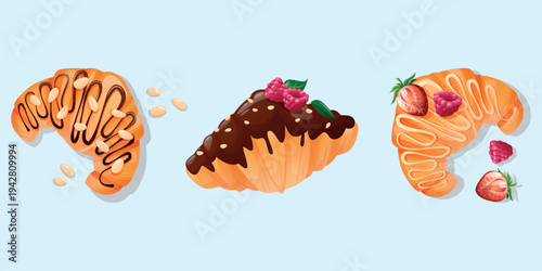 set of three delicious crispy croissants with different toppings, decorated with chocolate and raspberries. Chocolate icing, pastries, sweet rolls, fresh berries and nuts.