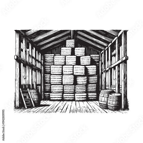 A warehouse with a large stack of wooden crates and barrels stored inside.