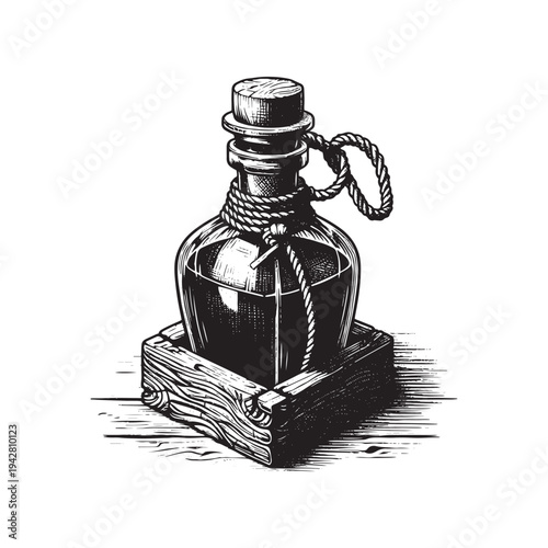 A mysterious bottle with a cork and rope on a wooden crate.