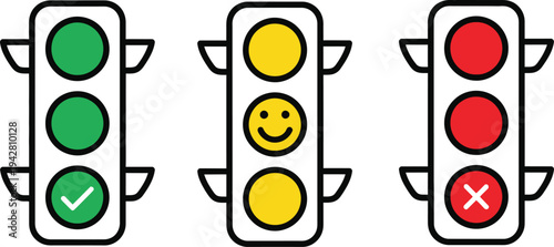 Traffic light icons with conceptual symbols for "go" (green checkmark), "neutral/caution" (yellow smiley face), and "stop" (red "x" mark). 
