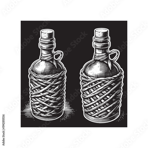 A pair of old fashioned bottles wrapped in rope, depicted in a classic illustration style.