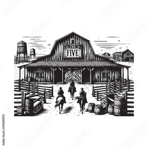 Rustic barn with horse riders and livestock in a rural setting.