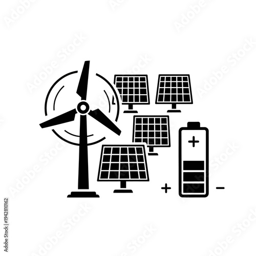 Renewable Energy Wind Turbine Solar Panel Battery Black Icon