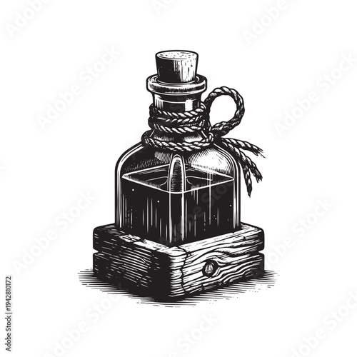 A mysterious bottle with a cork stopper and rope wrapping, placed on a wooden base.
