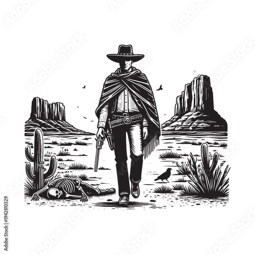 Cowboy stands alone in desert landscape with gun in hand and poncho draped over shoulder.