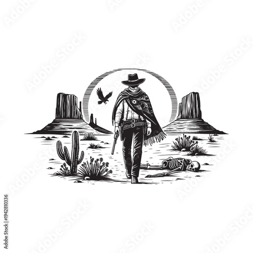 A lone cowboy walks through the desert with a rifle and bird flying overhead.