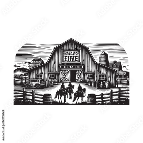 Rural barn scene with horseback riders approaching the entrance.