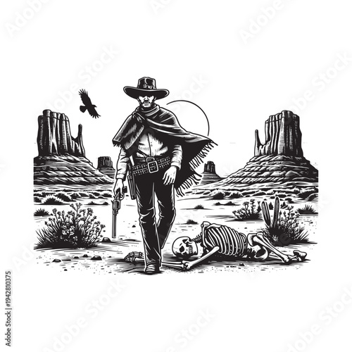 A lone cowboy stands over a fallen outlaw in a desert landscape.