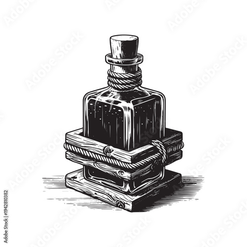 A black and white drawing of a bottle in a wooden crate on a white background.
