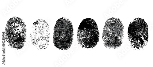 Abstract fingerprint imprint texture set. vector black grunge distressed ink evidence technology artistic dirty background design.