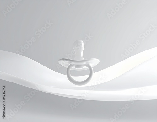 Minimalist Floating White Baby Pacifier on Seamless White Background with Copy Space for Parenting and Baby Care Concepts