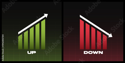 Up and down graphic trend isolated on dark background. Falling and rising graph with green and red indicator. Stock exchange concept. Trader profit and loss. Vector illustration.