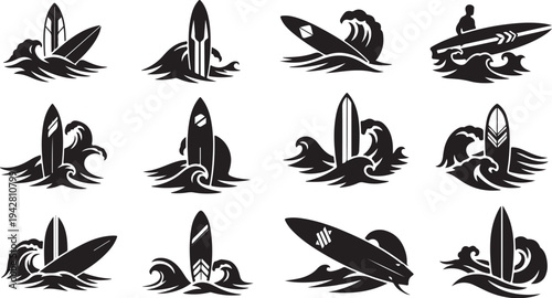 Surfing icons set with various wave and board designs