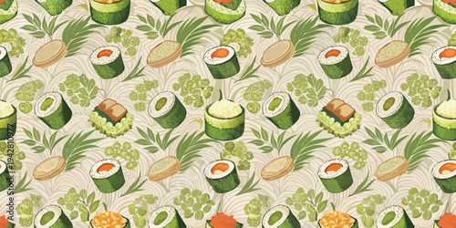 Colorful assortment of tropical sushi rolls and pineapples on a patterned background Vector