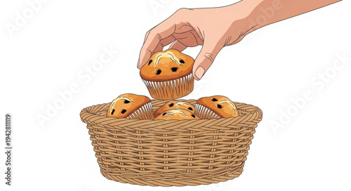 Hand Picking Muffin from Basket.