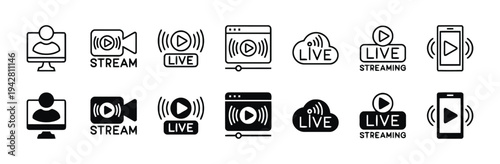Live streaming icons for online video broadcast and digital content creation