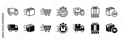 Modern black and white icons for fast delivery and logistics services