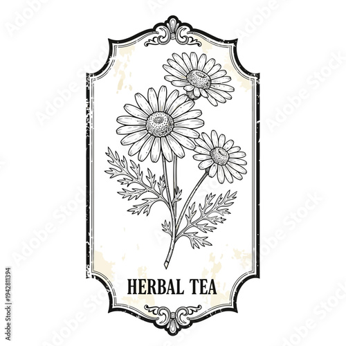 Hand-drawn Chamomile Flower Label for Herbal Tea