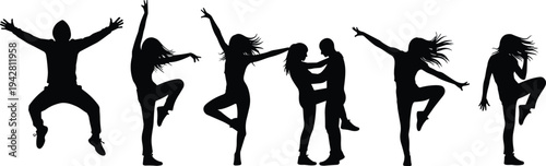 Dynamic dance silhouette collection featuring individuals and couples in joyful poses, expressive movement, energy, rhythm, celebration, entertainment, and motion art