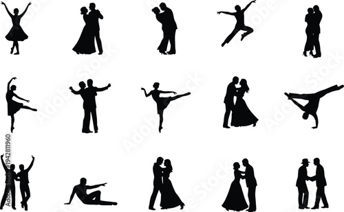 Dance silhouettes of couples and individuals performing ballet, ballroom, artistic poses, graceful movement, expressive choreography, passion, elegance, rhythm, and harmony