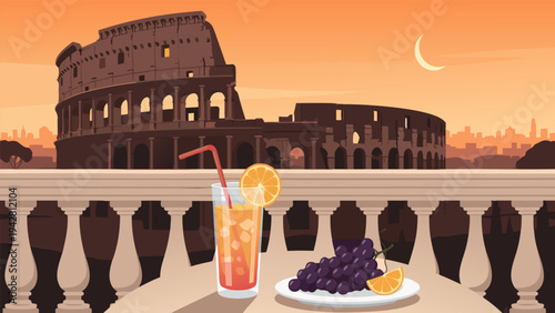 Vector illustration of the Colosseum in Rome with a refreshing orange drink and grapes on a balcony overlooking a cityscape, perfect for travel and lifestyle themes
