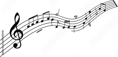 Musical staff with treble clef and bass clef flowing notes, melody rhythm harmony art vector design for music illustration