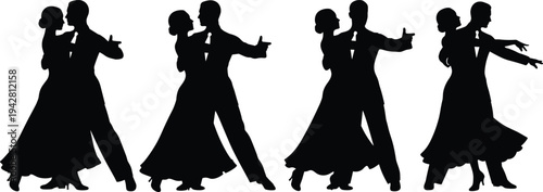 Romantic ballroom dancing couple silhouettes in elegant poses with flowing dress and suit, showcasing graceful movement, dance art, and performance themes