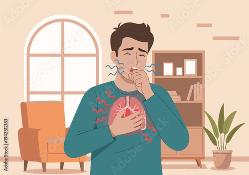 Male coughing and chest pain vector illustration of respiratory illness or heart problem