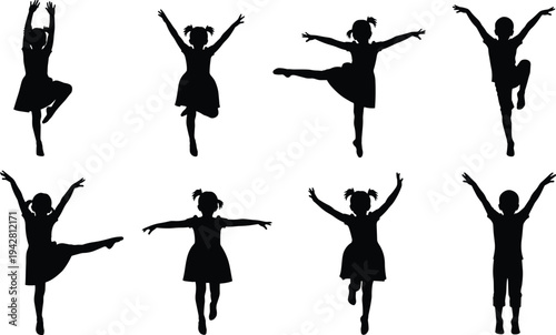 Playful children silhouette collection showing joyful dance, jumping, and expressive movement poses with energy, rhythm, fun, childhood activity art