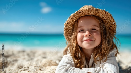 A joyful young girl with curly hair smiles warmly at the camera, dressed in a straw hat, embodying innocence and happiness on a sunlit beach by the sea.