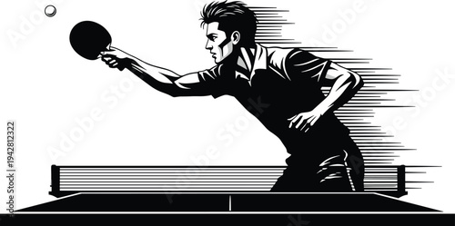 Table tennis player silhouette hitting ping pong ball with paddle, showing action, speed, fitness, sport, competition, lifestyle, and dynamic movement