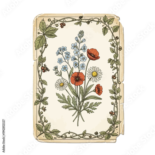 Vintage floral illustration with poppies, daisies, and forget-me-nots within a vine border