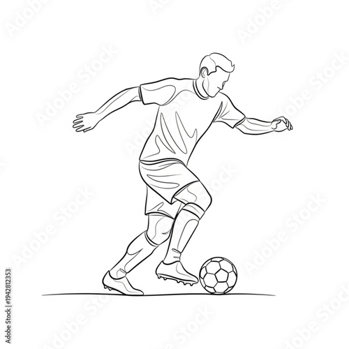 A black and white line art illustration of a soccer player kicking a ball
