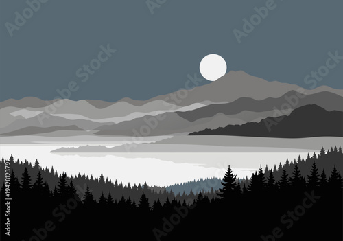 Serene Mountain Landscape Vector Illustration with Fog and Full Moon