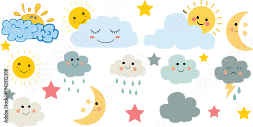 Set of 12 cute weather icons vector